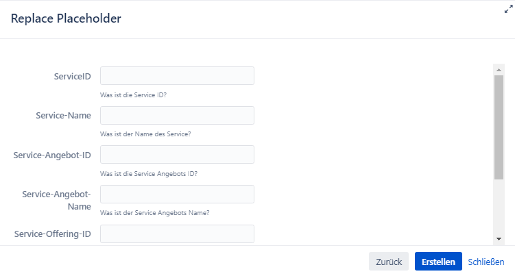 Dialog zum Ersetzen von Platzhaltern im Page Tree Creator