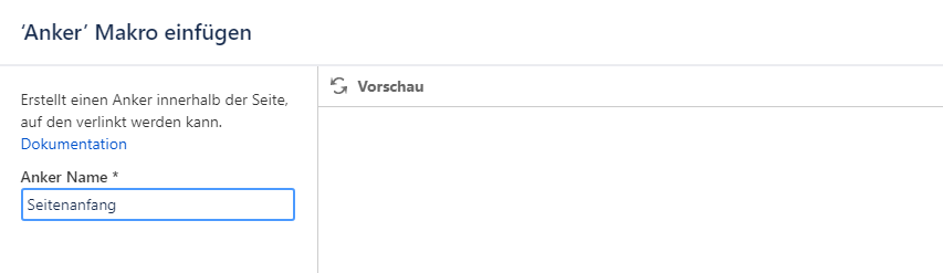 Dialog zum Einfügen des Anker Makros in Confluence