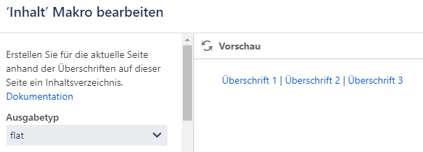 Inhalt Makro in Confluence mit Ausgabetyp „flat“ und einzeiliger Vorschau