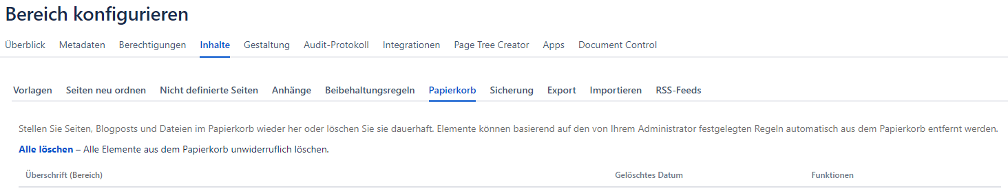 Wiederherstellen einer gelöschten Seite aus dem Papierkorb in der Confluence Bereichsverwaltung