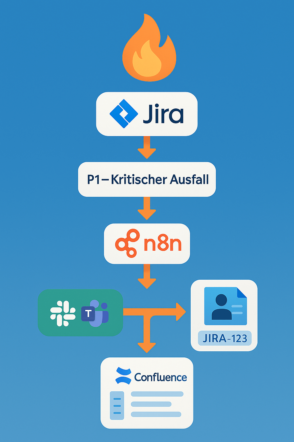 Schema: n8n startet bei kritischen Tickets automatisch War-Room-Channel und Postmortem-Seite in Confluence