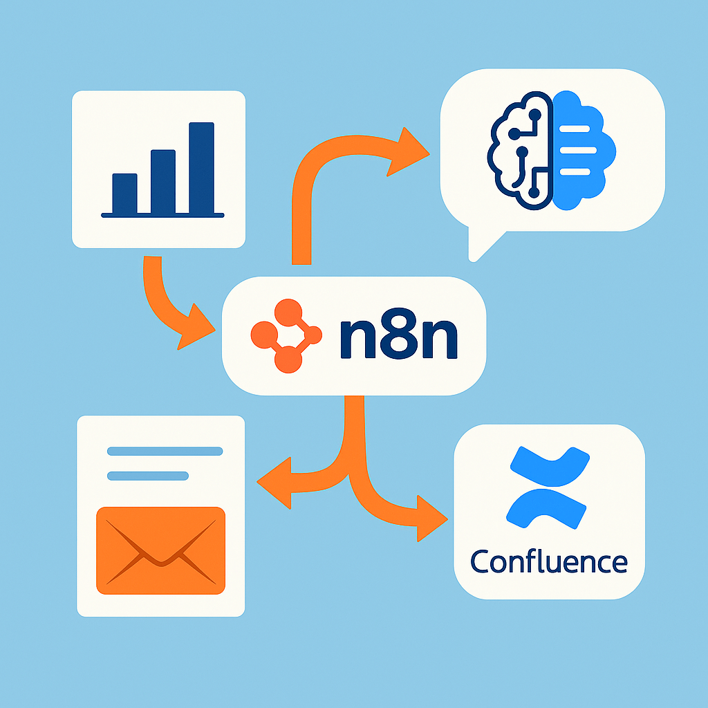 Schema: n8n erzeugt aus Jira-Service-Management-Daten Reports und AI-Zusammenfassungen