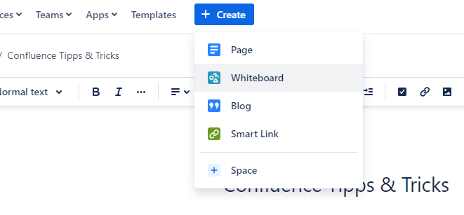 Whiteboard in Confluence über das Plus-Symbol in der Navigationsleiste erstellen