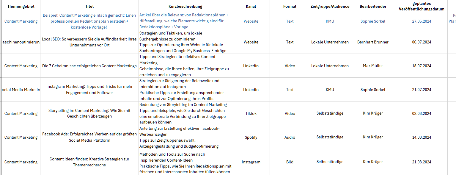 Beispiel eines Redaktionsplans in Excel mit Spalten für Datum, Thema, Zielgruppe und Status