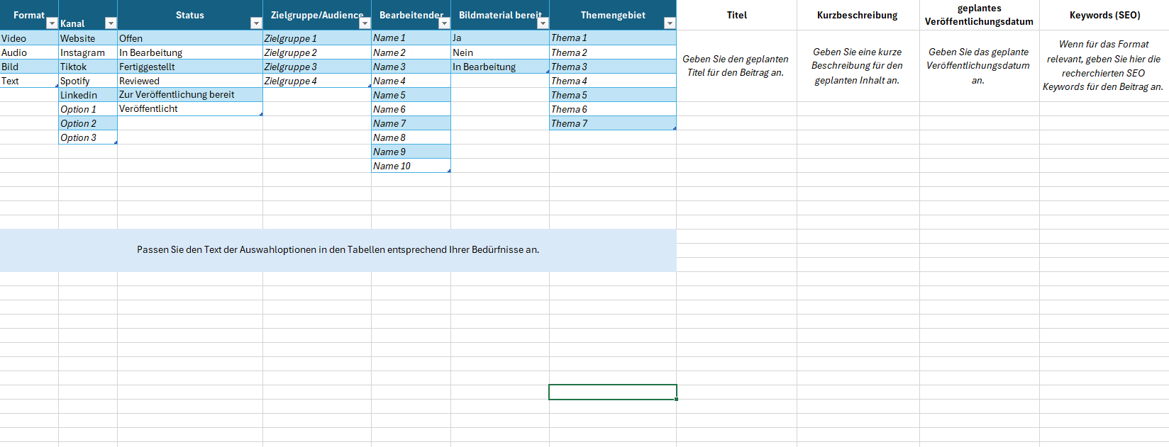 Legende eines Redaktionsplans in Excel mit den Antwortoptionen für Dropdownlisten