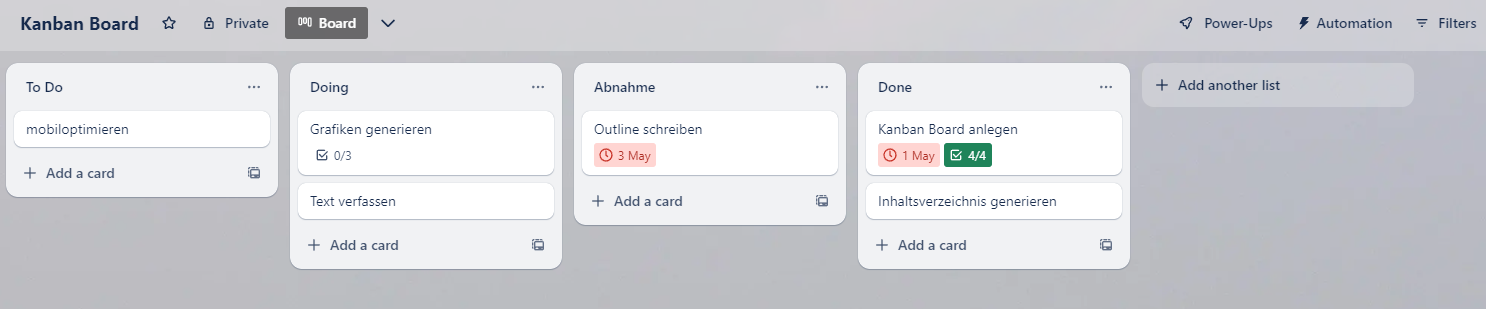 Kanban-Board in Trello mit den Listen To Do, Doing, Abnahme und Done