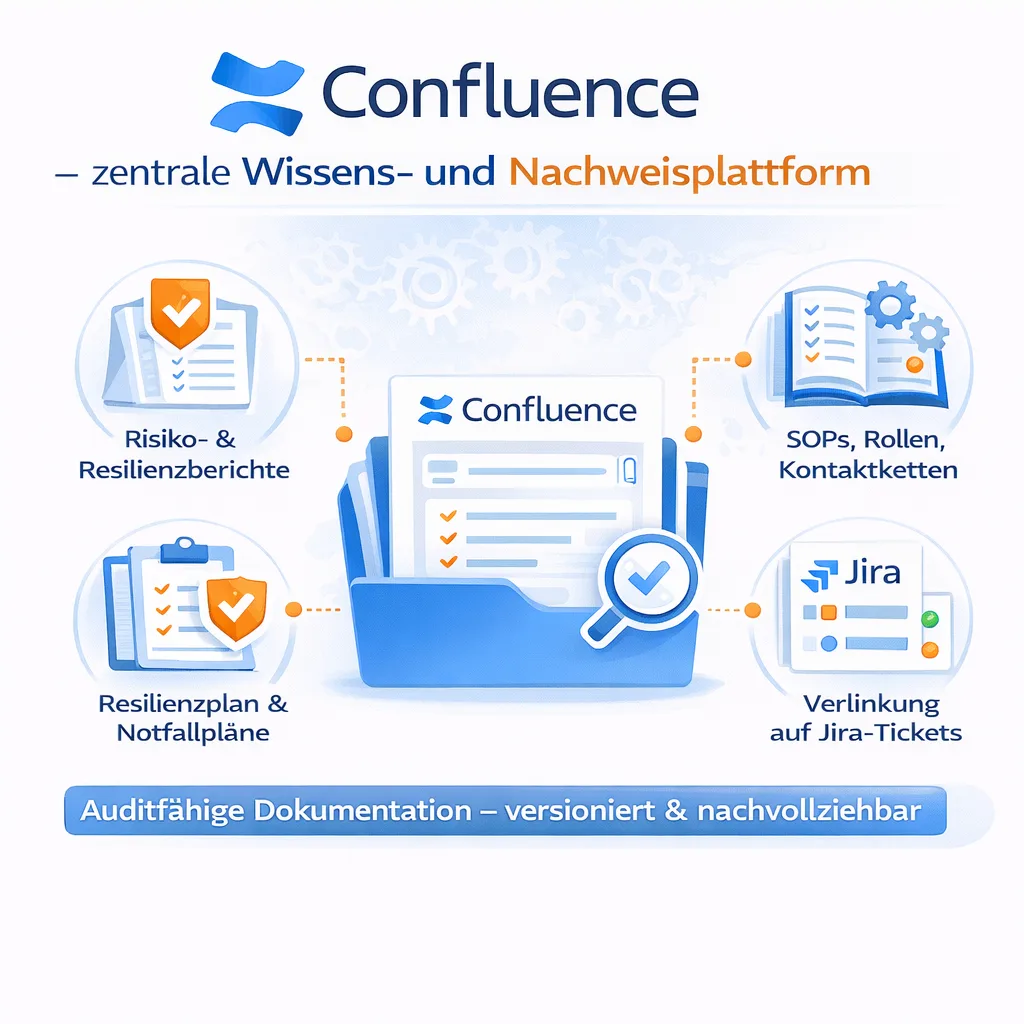 Infografik Confluence als Nachweisplattform: Risiko- und Resilienzberichte, SOPs und Kontaktketten, Notfallpläne, Verlinkung auf Jira-Tickets