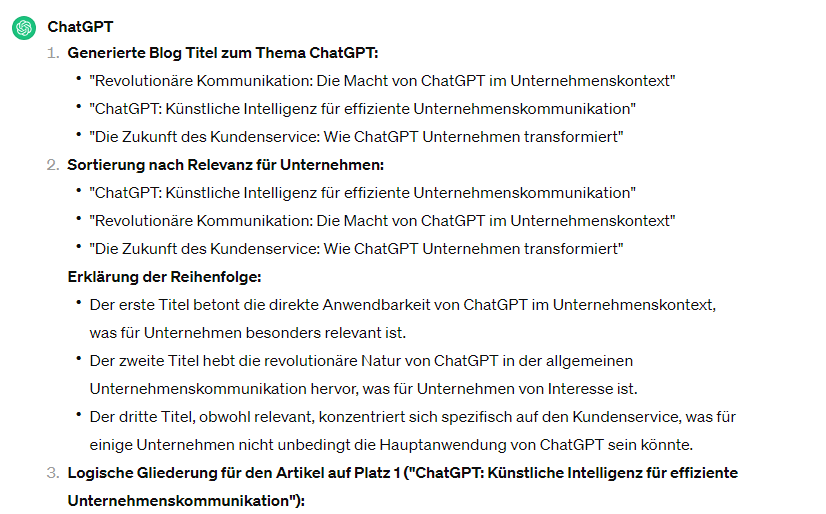 ChatGPT-Antwort, die eine komplexe Aufgabe in mehrere aufeinander aufbauende Schritte zerlegt
