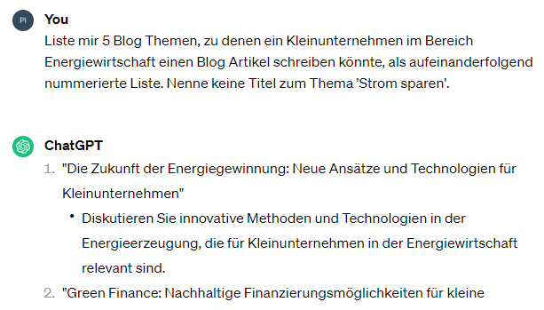 ChatGPT-Antwort mit dem vorgegebenen Format als nummerierte Liste