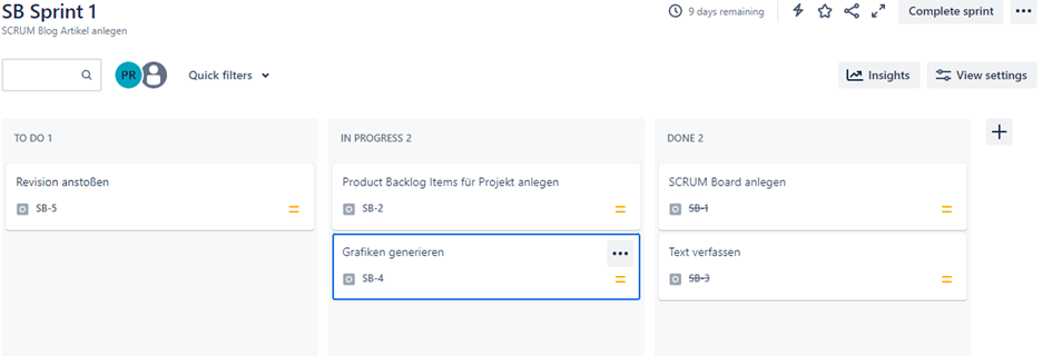 Jira Scrum Board mit den Spalten To Do, In Progress und Done