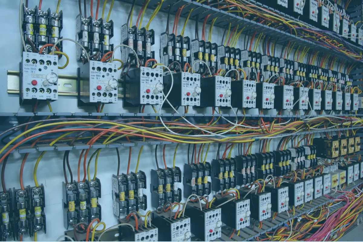 Schaltschrank eines Netzbetreibers mit Reihenklemmen und farbig verdrahteten Leitungen