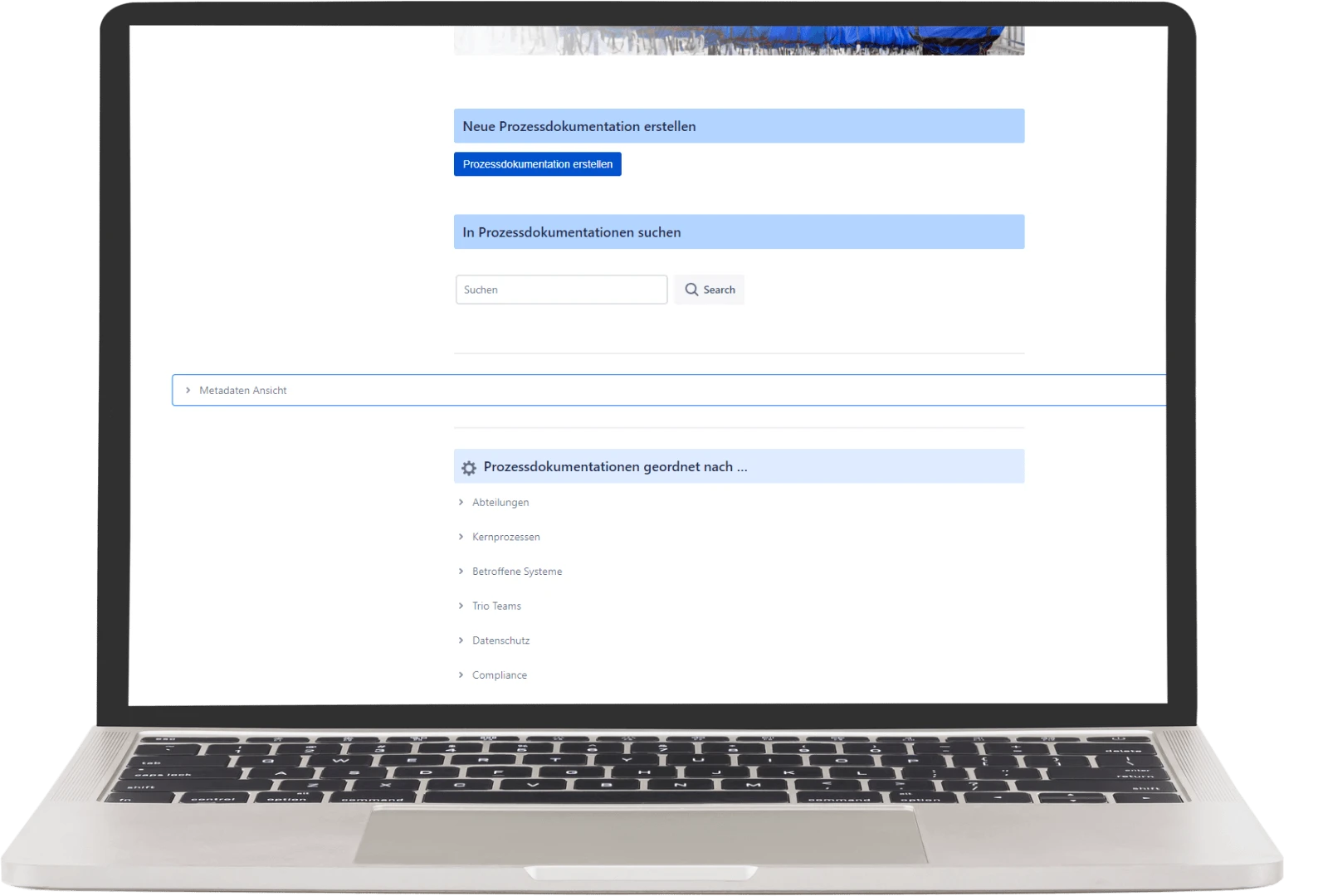 Startseite der Prozessdokumentation beim Textilunternehmen mit Aktionen „Prozessdokumentation erstellen