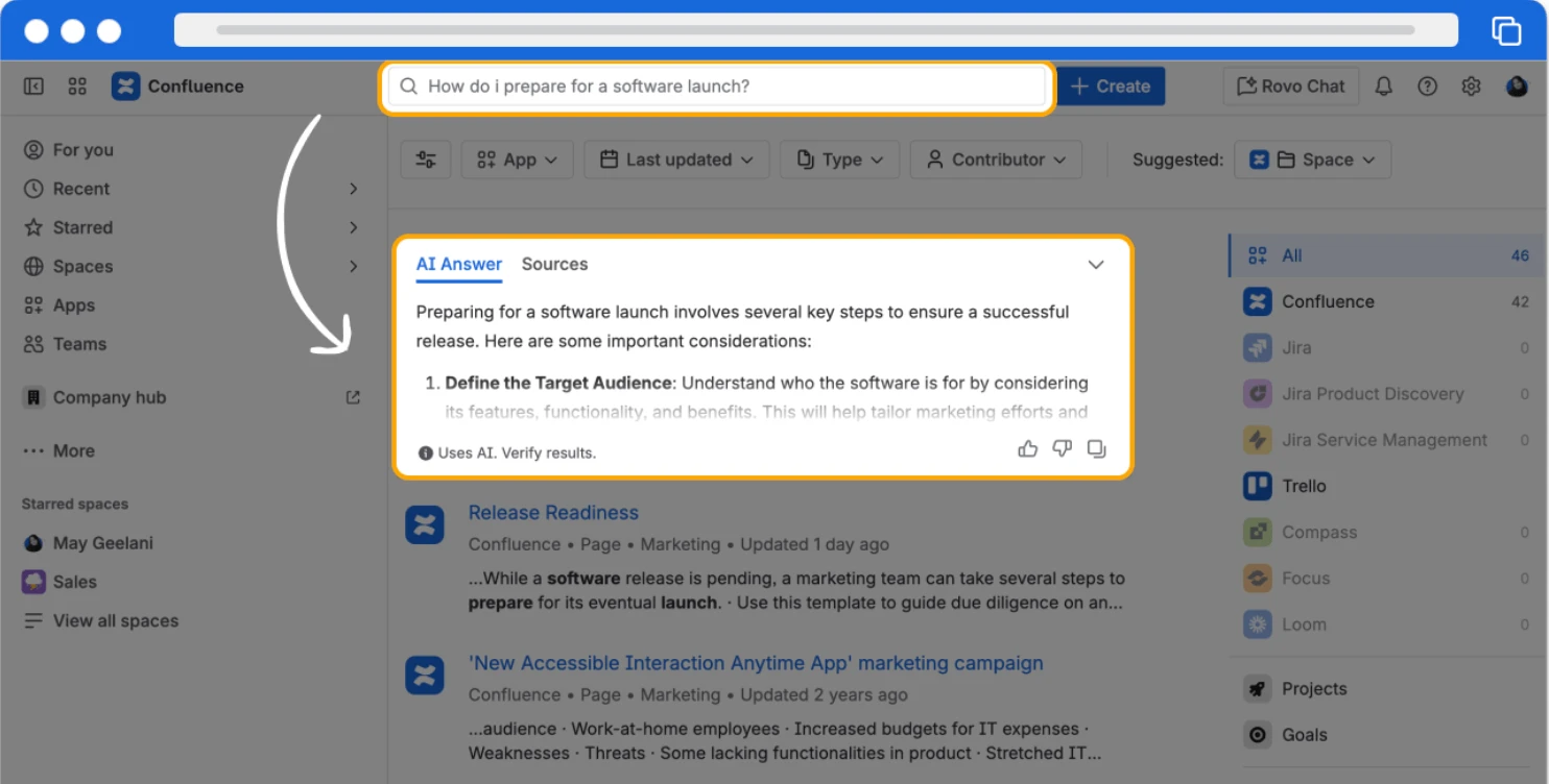 Atlassian-Suche mit KI-generierter Antwort auf die Frage nach der Vorbereitung eines Software-Launches, darunter Quellseiten