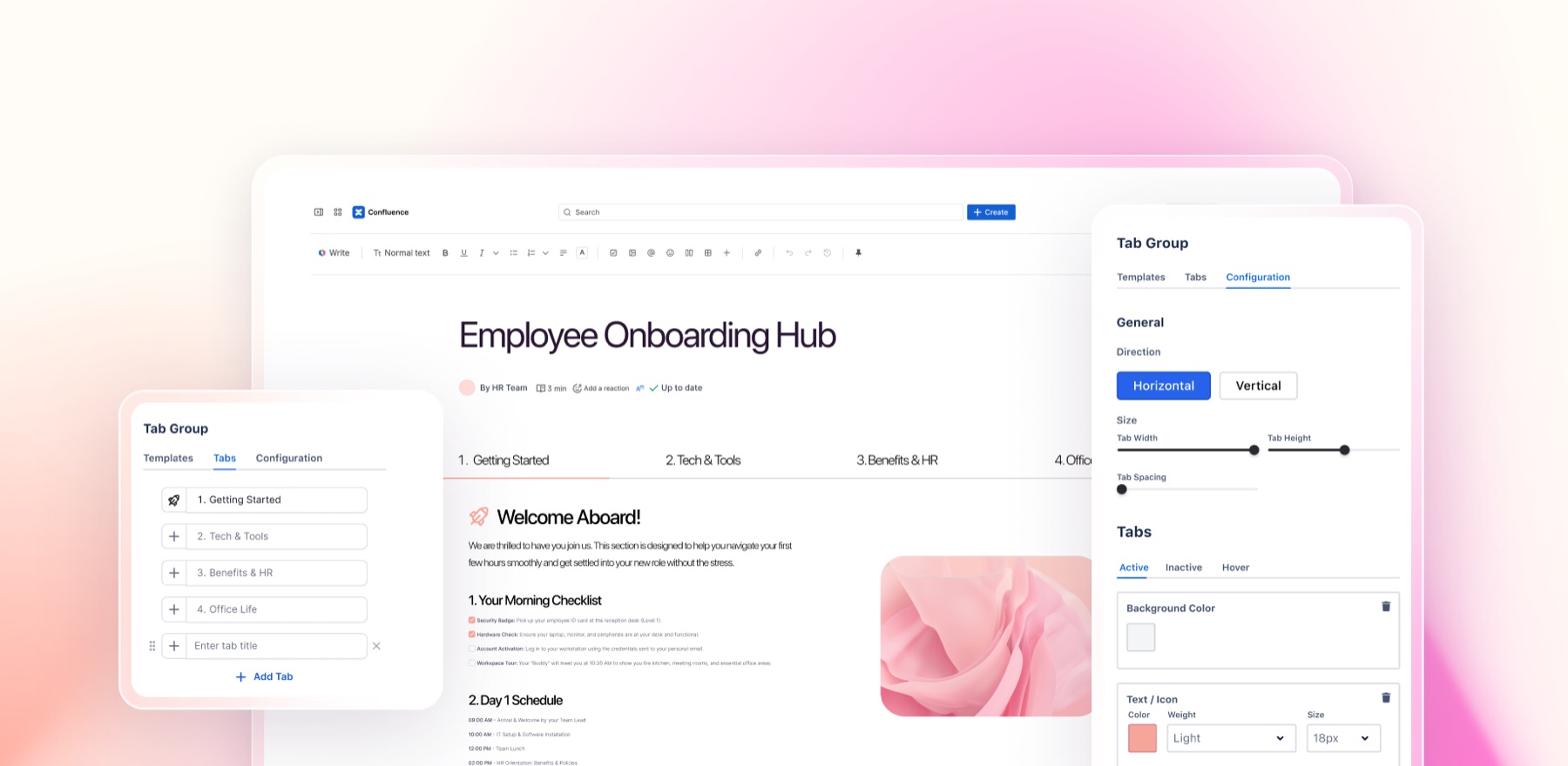 Aura Tab-Konfiguration direkt in einer Confluence-Seite mit Einstellungen für Ausrichtung, Größe und Farbe