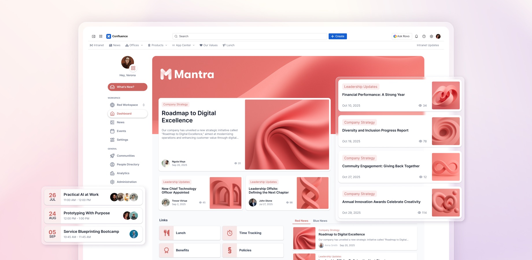 Mantra-Intranet-Dashboard mit News, Events und Kachel-Links, eingebettet in Confluence