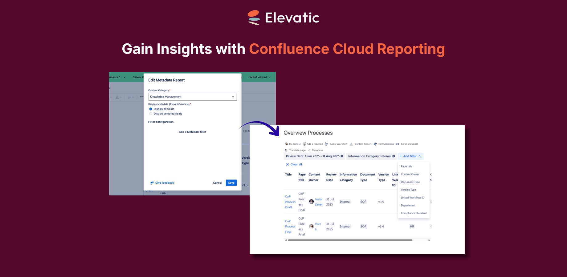 Metadata for Confluence: Metadaten-Dialog und daraus erzeugter, filterbarer Report