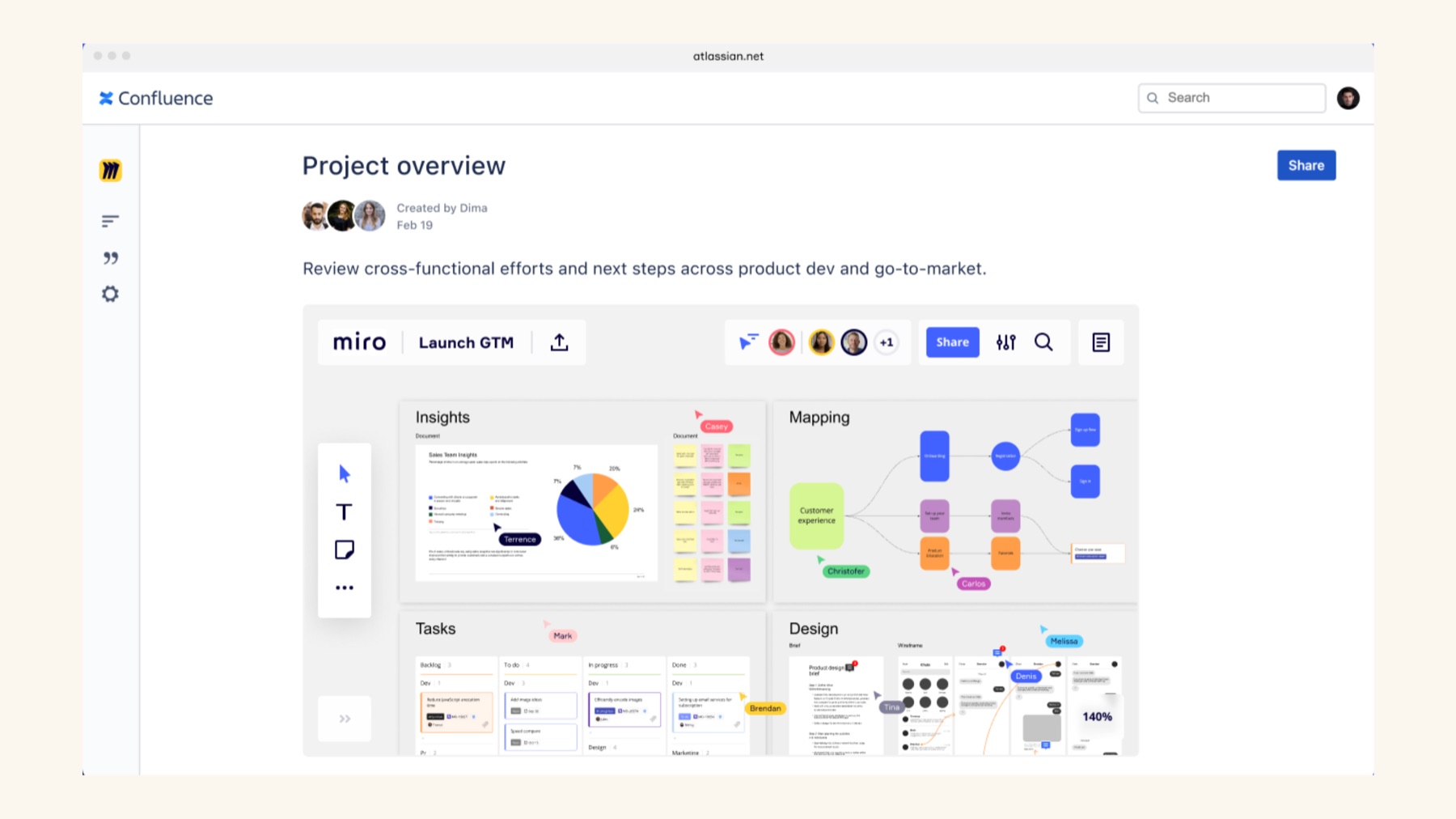 Miro-Board mit Insights, Mapping, Tasks und Design direkt eingebettet in eine Confluence-Seite
