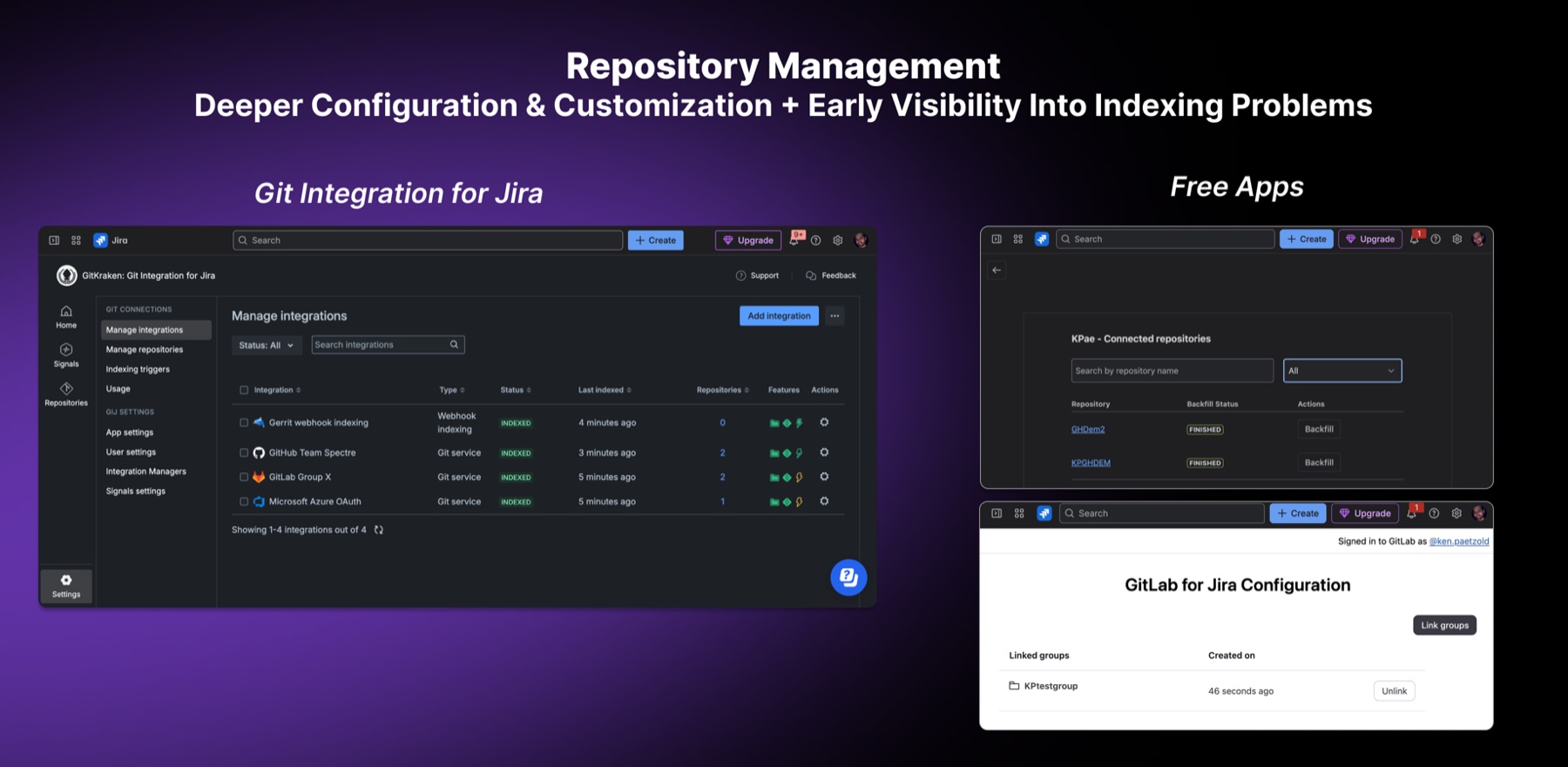 Git Integration for Jira: Verwaltungsansicht mit mehreren angebundenen Git-Integrationen und Indexierungsstatus