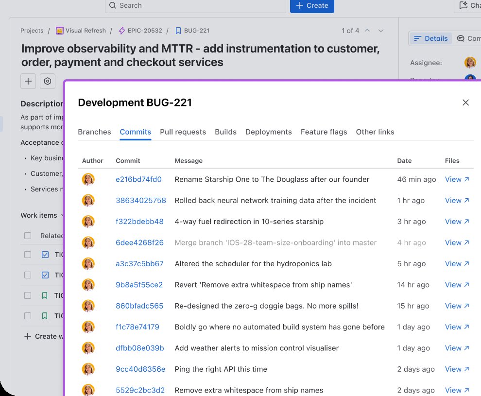 Jira-Vorgang mit eingeblendetem Entwicklungspanel: Commits aus einem verknüpften GitHub-Repository