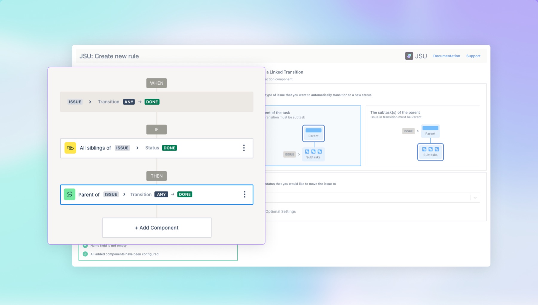 JSU-Regeleditor mit WHEN/IF/THEN-Bausteinen für eine Workflow-Automatisierung
