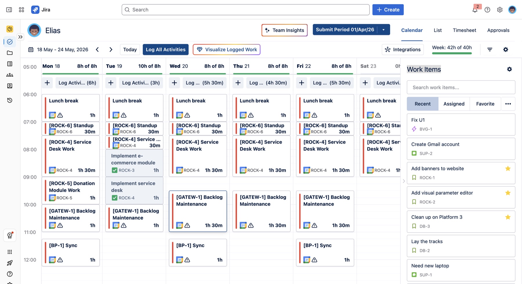 Tempo-Wochenkalender mit gebuchten Zeiten je Jira-Vorgang und Fortschrittsanzeige pro Tag
