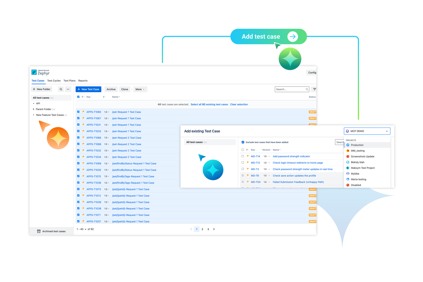 Zephyr Testfall-Übersicht mit Ordnerstruktur, Testzyklen und Status je Testfall